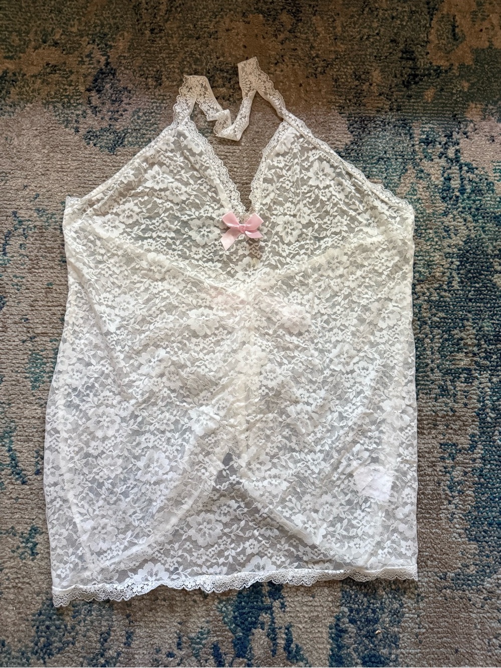White Lace Halter Lingerie with Pink Bow